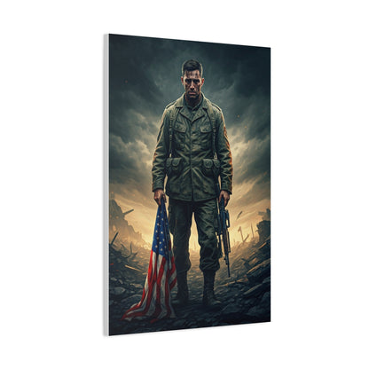 Soldier Standing With Flag of Courage Wall Art & Canvas Prints