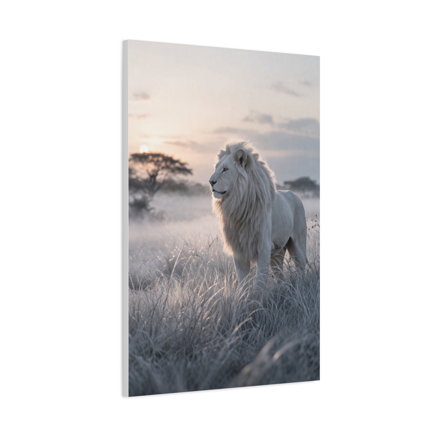 White Lion in Misty Savanna Dawn Wall Art & Canvas Print