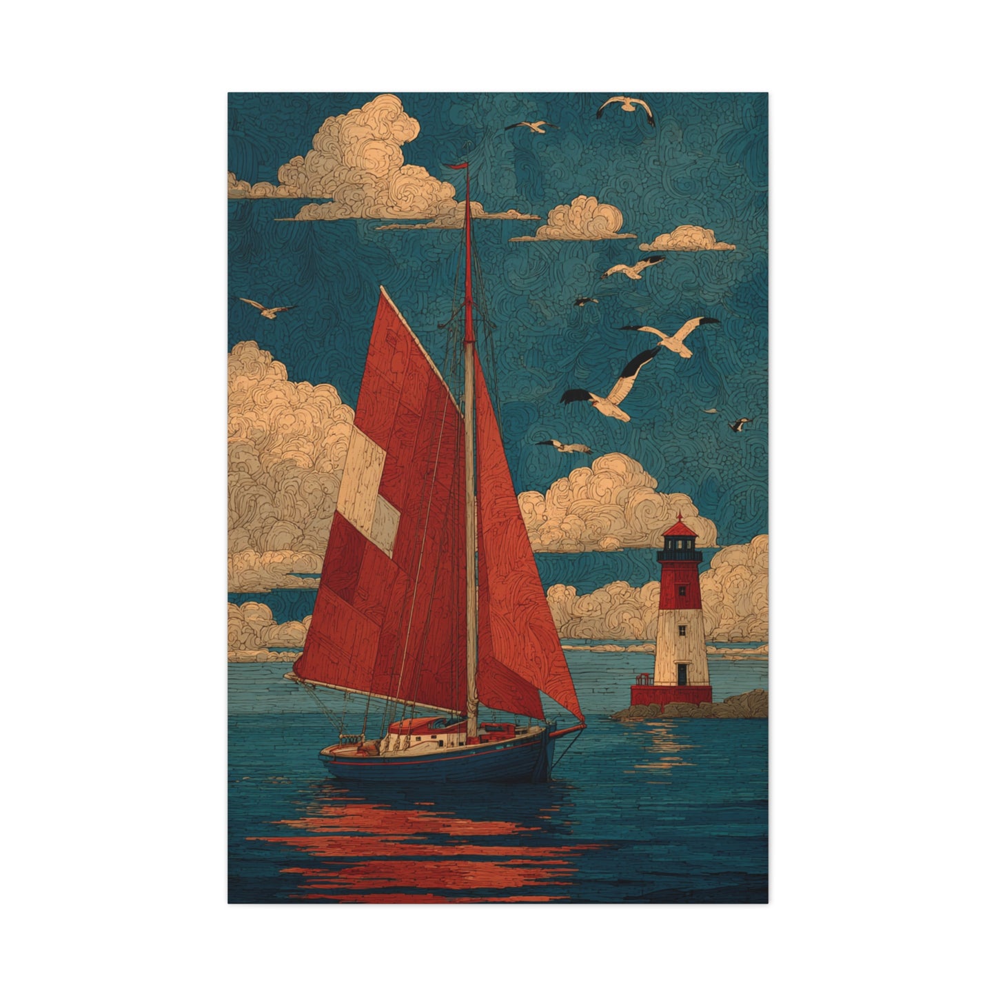 Primitive Coastal Sailboat Folk Wall Art & Canvas Print