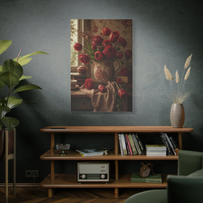 English Cottage Red Floral Still Life Wall Art & Canvas Print