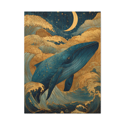 Folk Whale Moonlit Ocean Wall Art & Canvas Print
