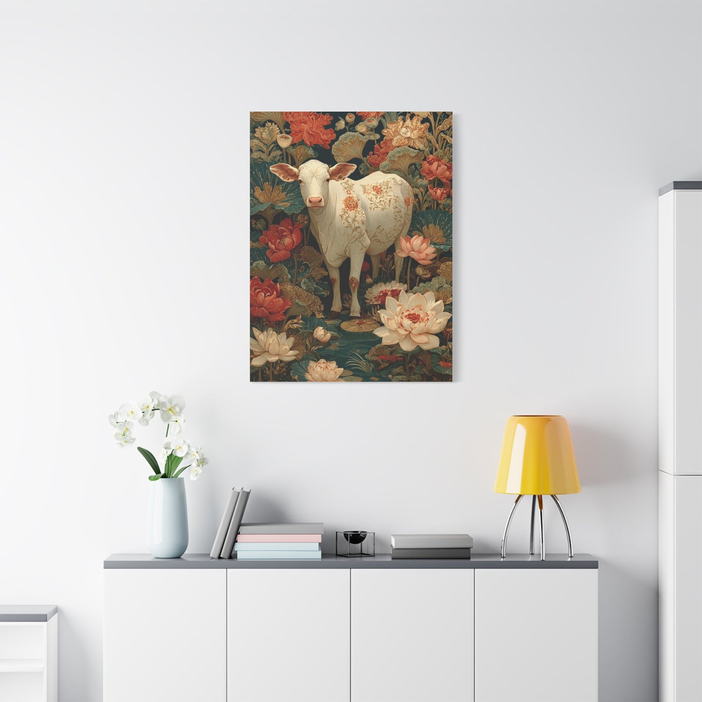 Pichwai White Cow Lotus Garden Wall Art & Canvas Print