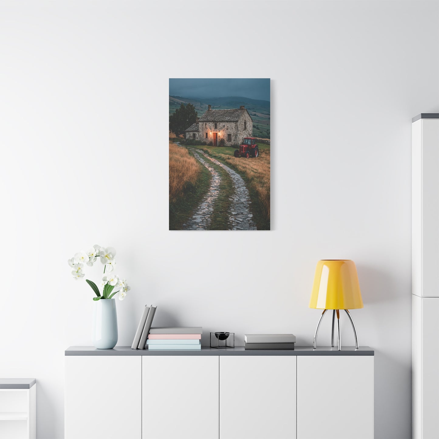 Stone Farmhouse with Red Tractor Landscape Wall Art & Canvas Print