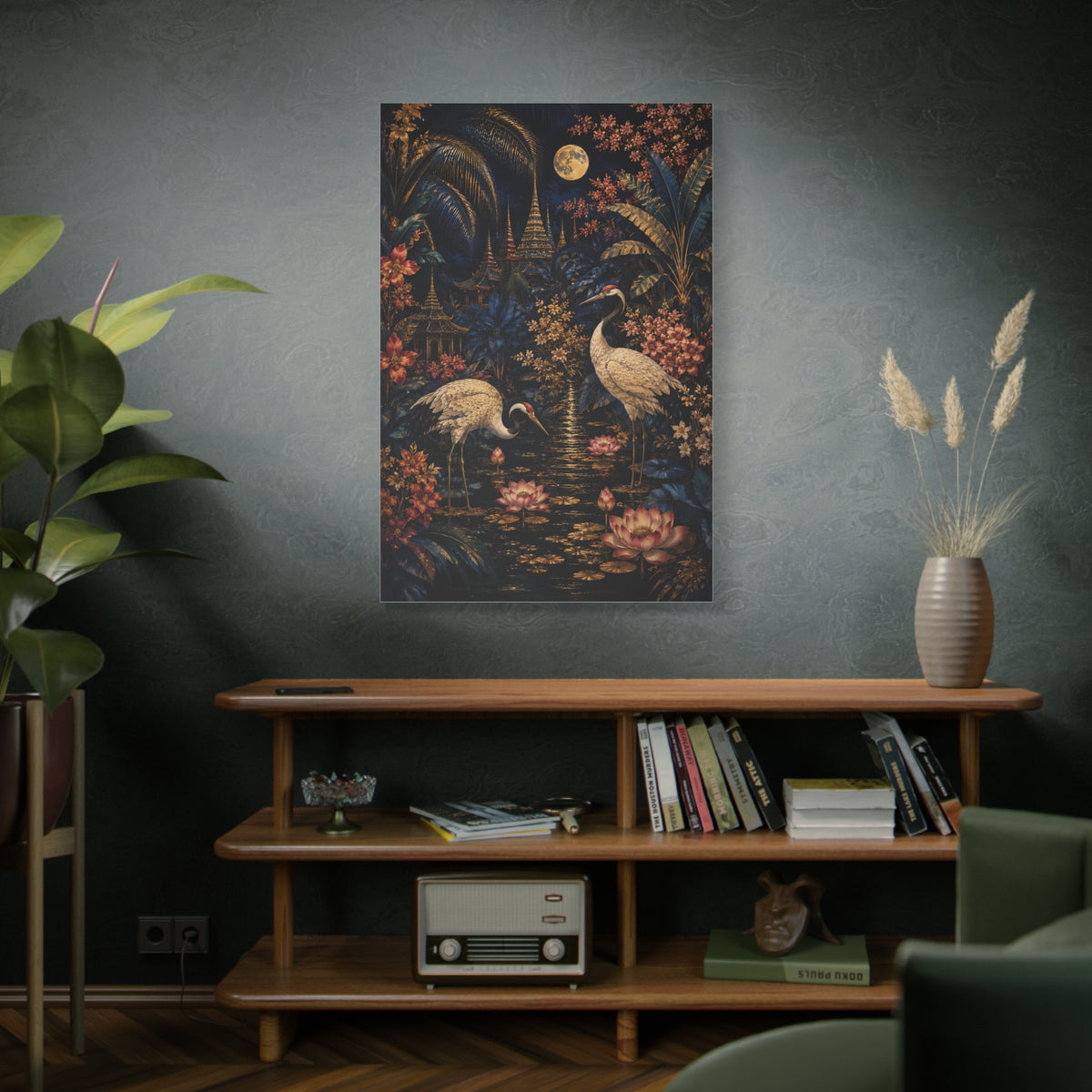 Moonlit Tropical Chinoiserie Crane Garden Tropical Wall Art & Canvas Print