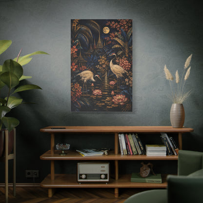 Moonlit Tropical Chinoiserie Crane Garden Tropical Wall Art & Canvas Print