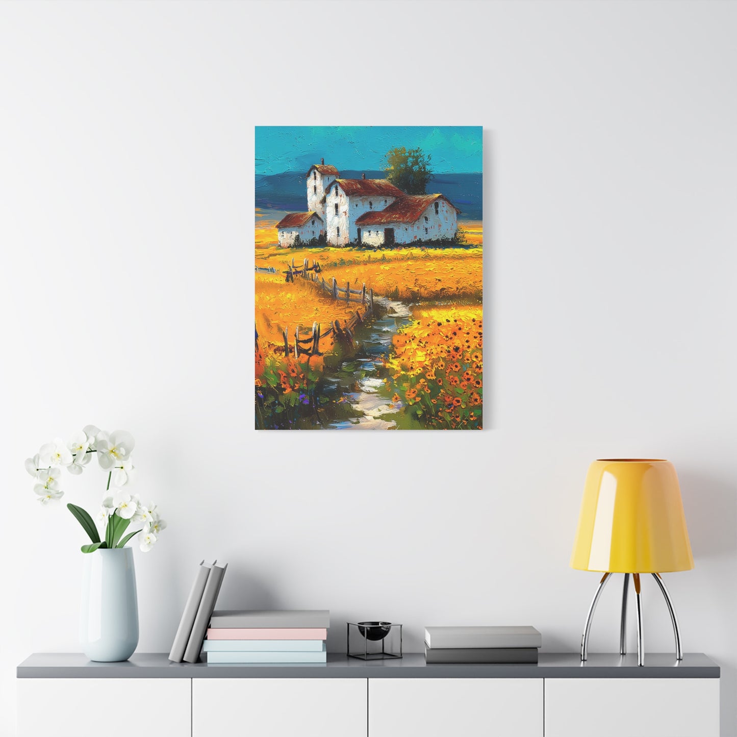 Sunflower Farmhouse Field Landscape Wall Art & Canvas Print
