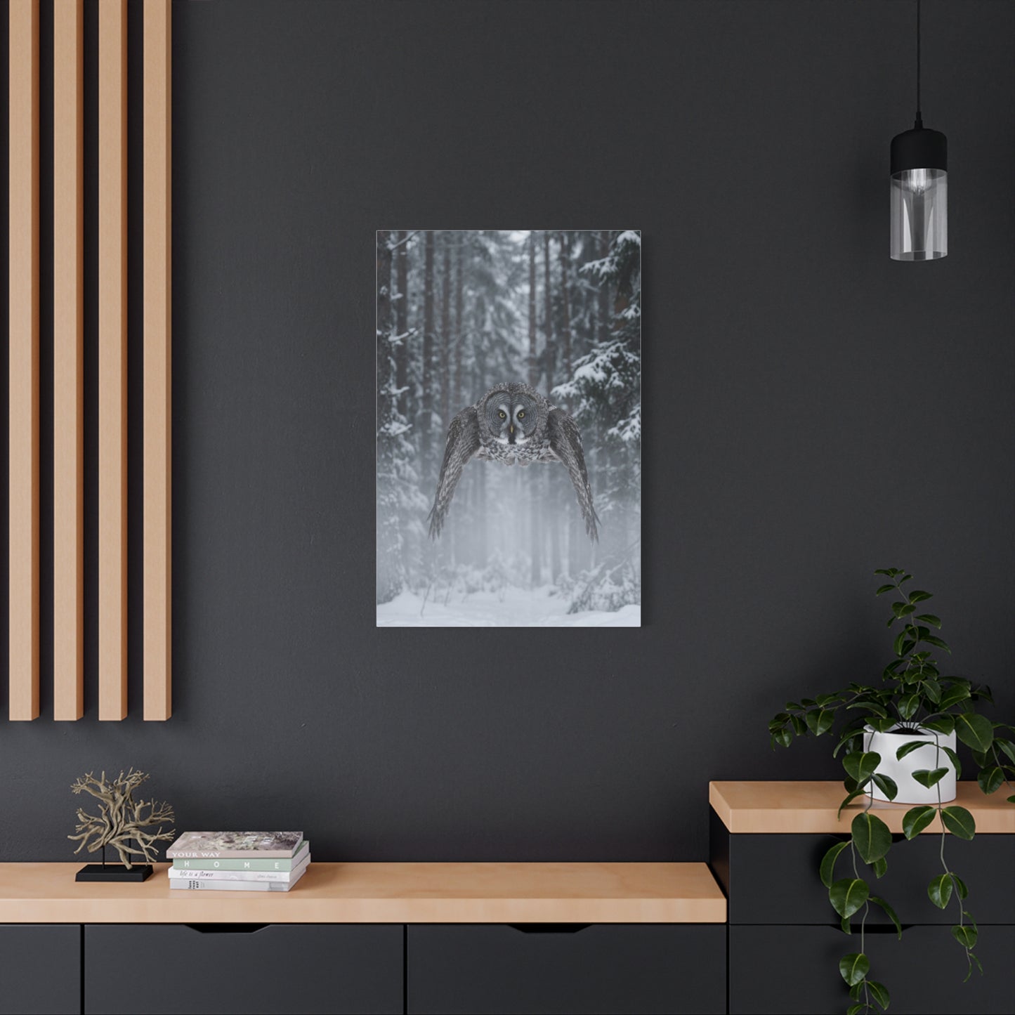 Great Grey Owl Winter Flight Wall Art & Canvas Print