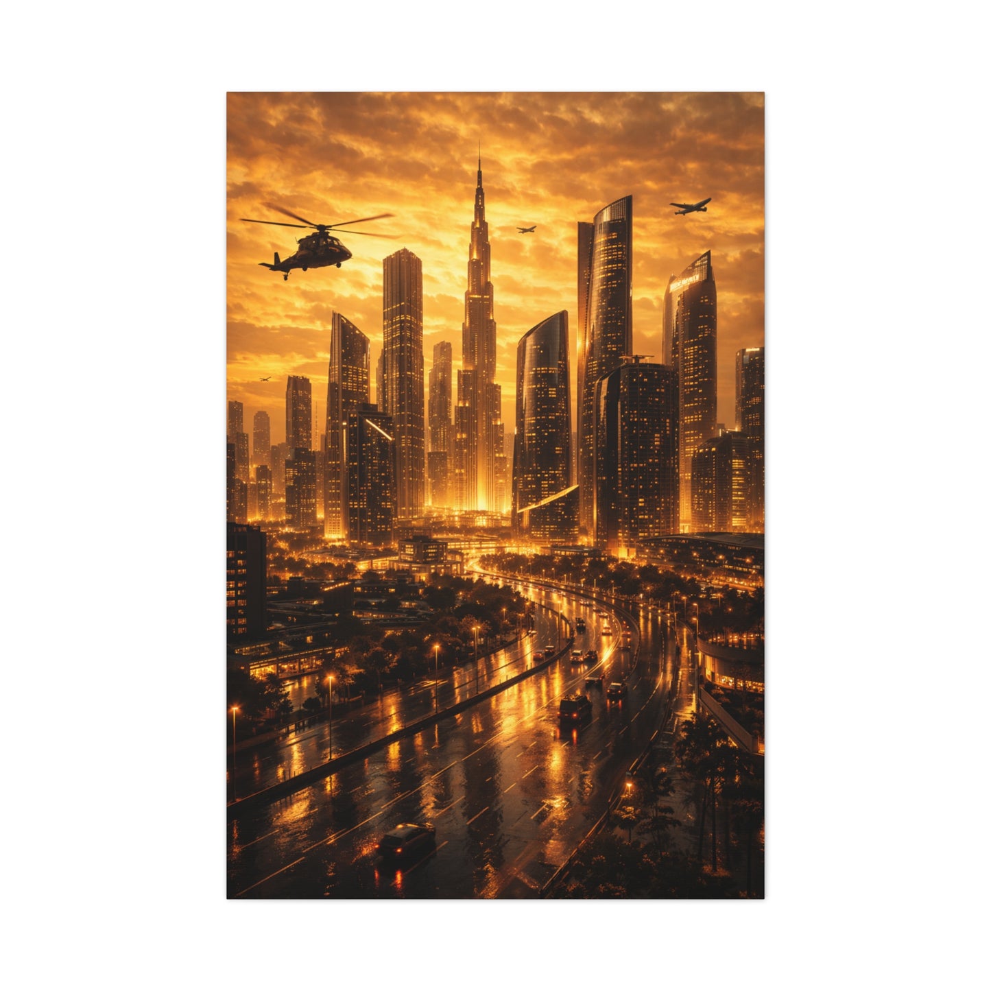 Golden Futuristic Cityscape Wall Art & Canvas Print