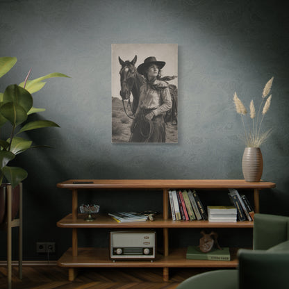 Black & White Cowgirl Portrait with Horse Wall Art & Canvas Print