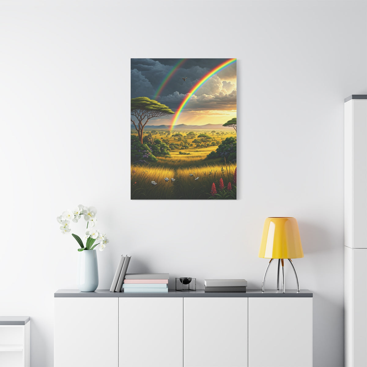 Rainbow Over African Savannah Landscape Wall Art & Canvas Prints