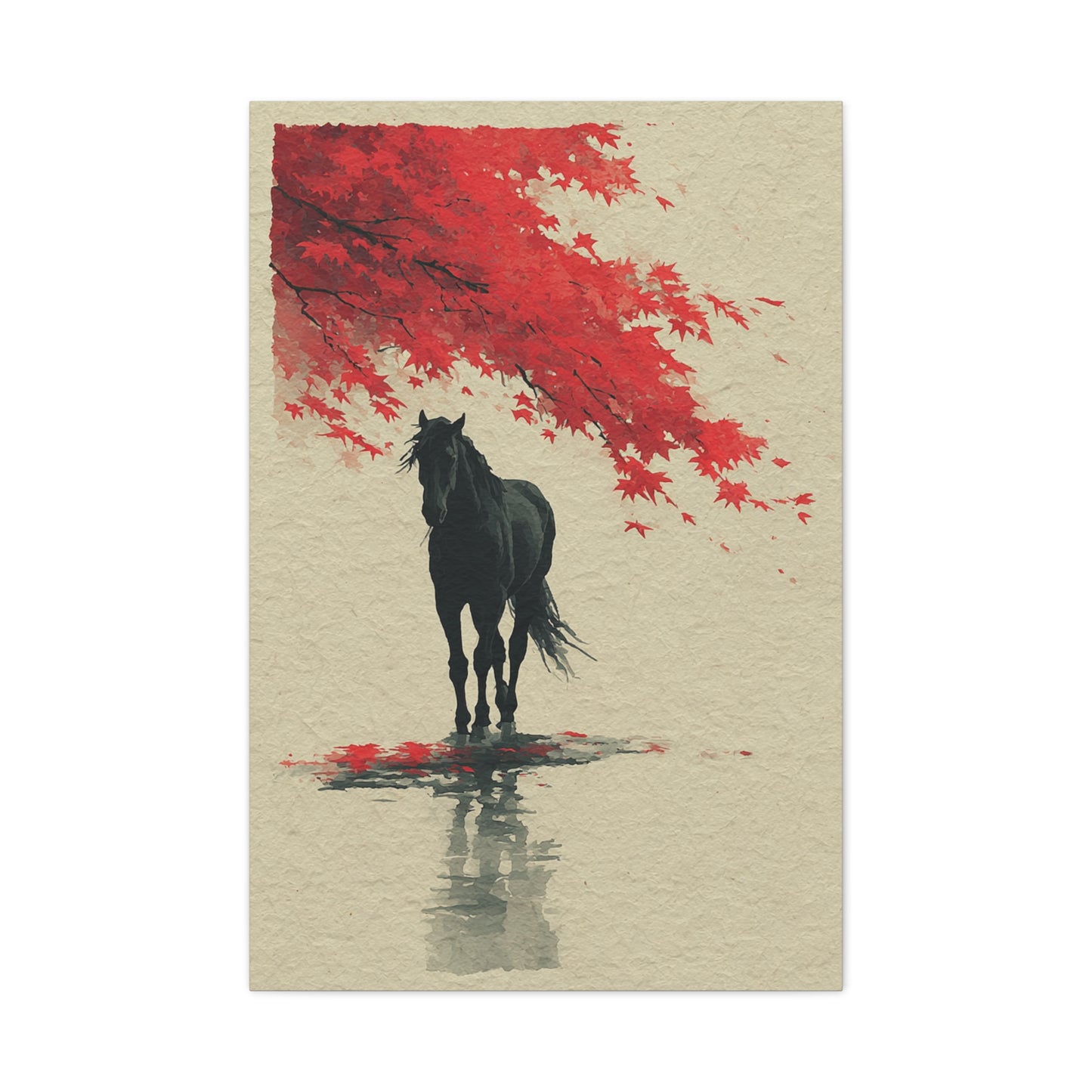 Minimal Horse Silhouette Under Red Maple Wall Art & Canvas Print