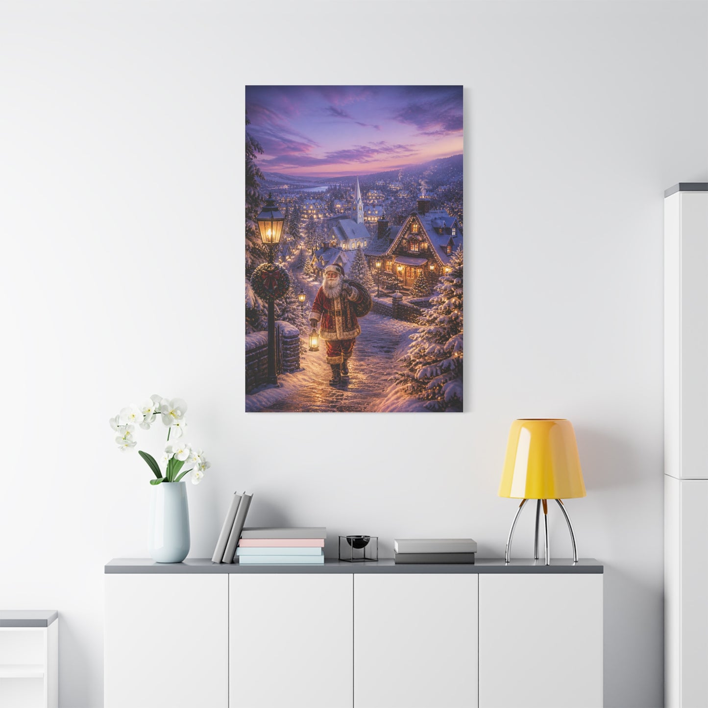 Snowy Village Santa Lantern Walk Wall Art & Canvas Print