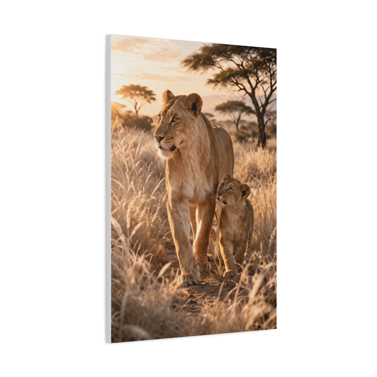 Lioness and Cub Golden Walk Wall Art & Canvas Print