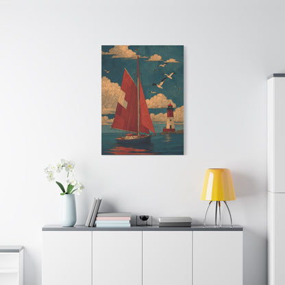Primitive Coastal Sailboat Folk Wall Art & Canvas Print