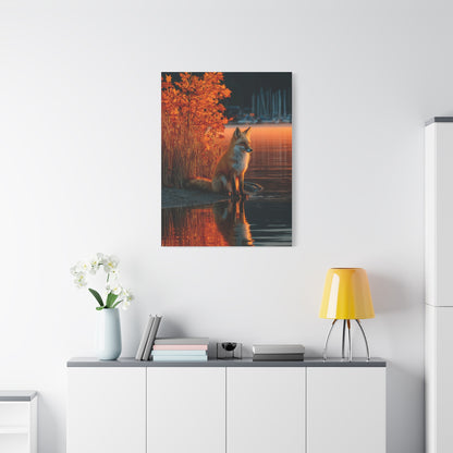 Autumn Lakeside Fox Reflection Wall Art & Canvas Print