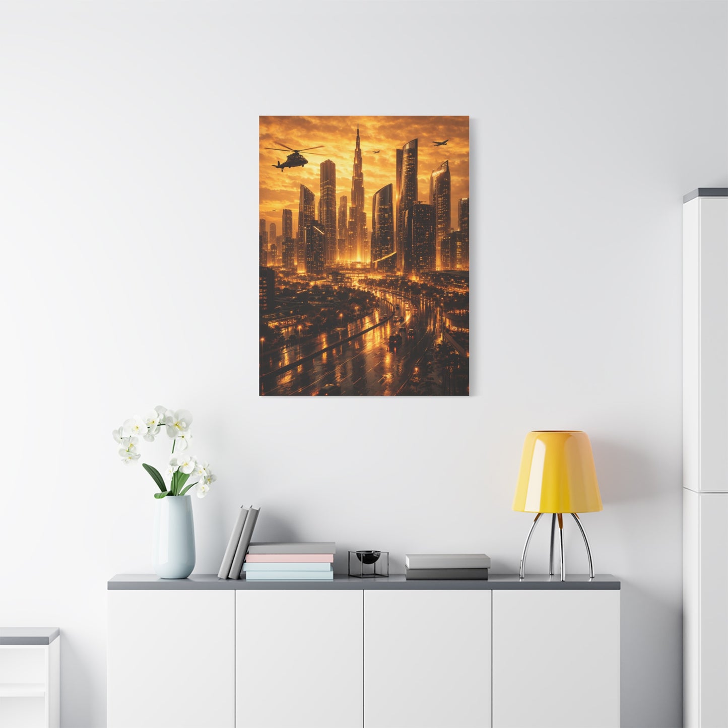 Golden Futuristic Cityscape Wall Art & Canvas Print