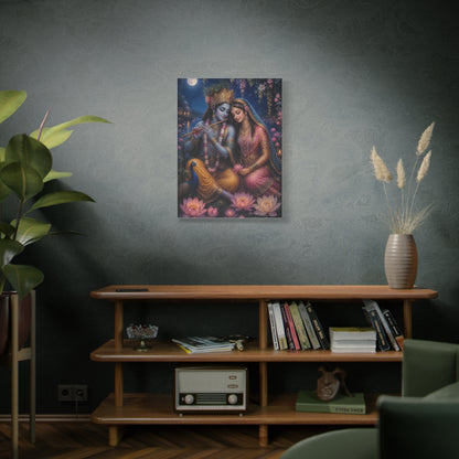 Radha and Krishna Moonlit Lotus Garden Wall Art & Canvas Print