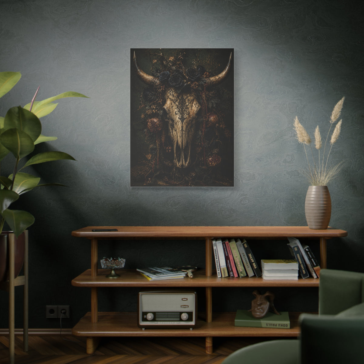 Dark Floral Longhorn Skull Statement Wall Art & Canvas Print