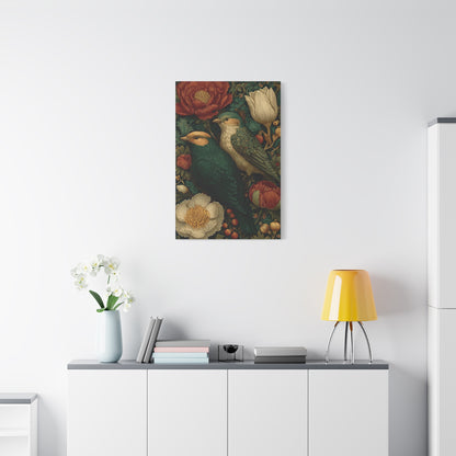 Green Botanical Songbird Pattern Wall Art & Canvas Print