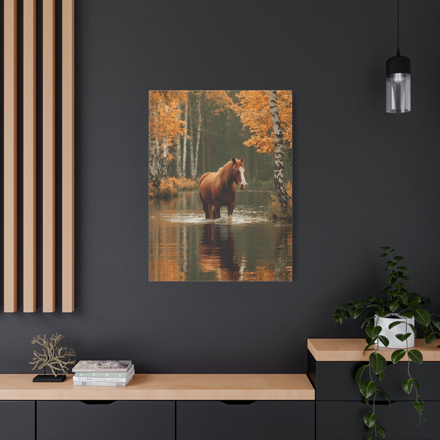 Autumn River Horse Reflection Wall Art & Canvas Print