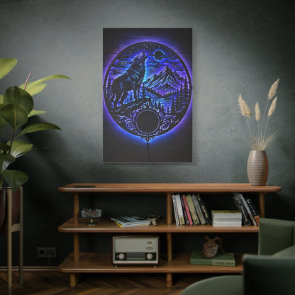 LED Mountain Wolf Night Circle Scene Wall Art & Canvas Print