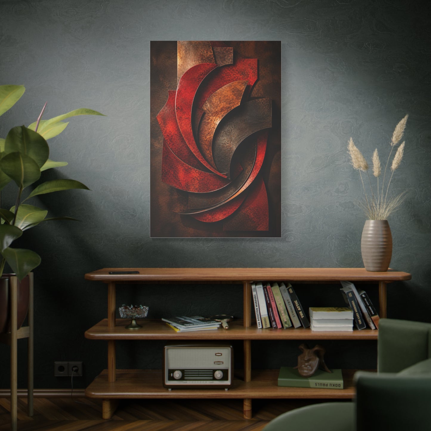 Sculptural Red Metal Wave Composition Wall Art & Canvas Print