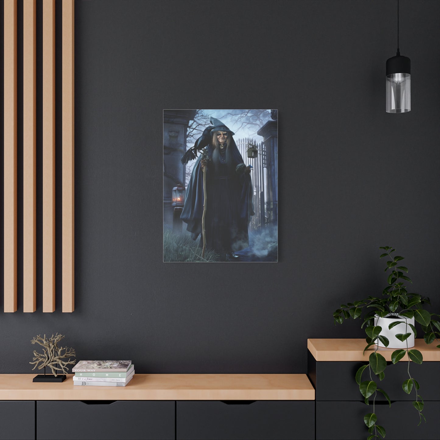 Witch with Raven at the Moonlit Cemetery Gate Wall Art & Canvas Print