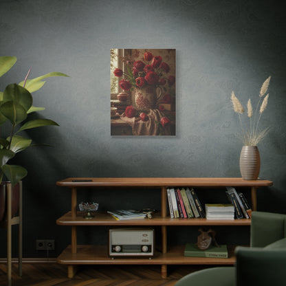 English Cottage Red Floral Still Life Wall Art & Canvas Print