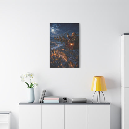 Santa Sleigh Flight Over Snowy Village Wall Art & Canvas Print