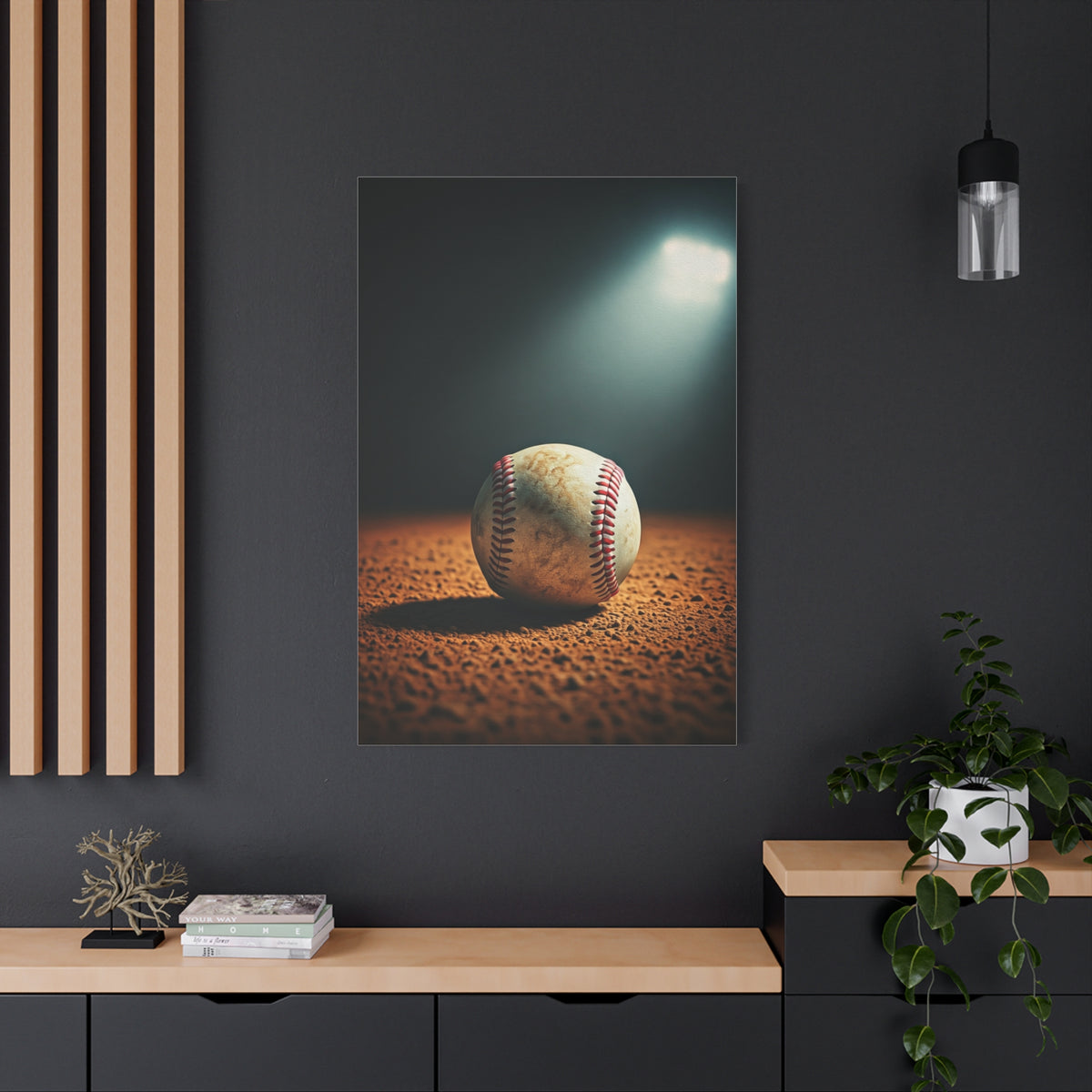 Baseball on Dirt Field Under Stadium Light Wall Art & Canvas Prints