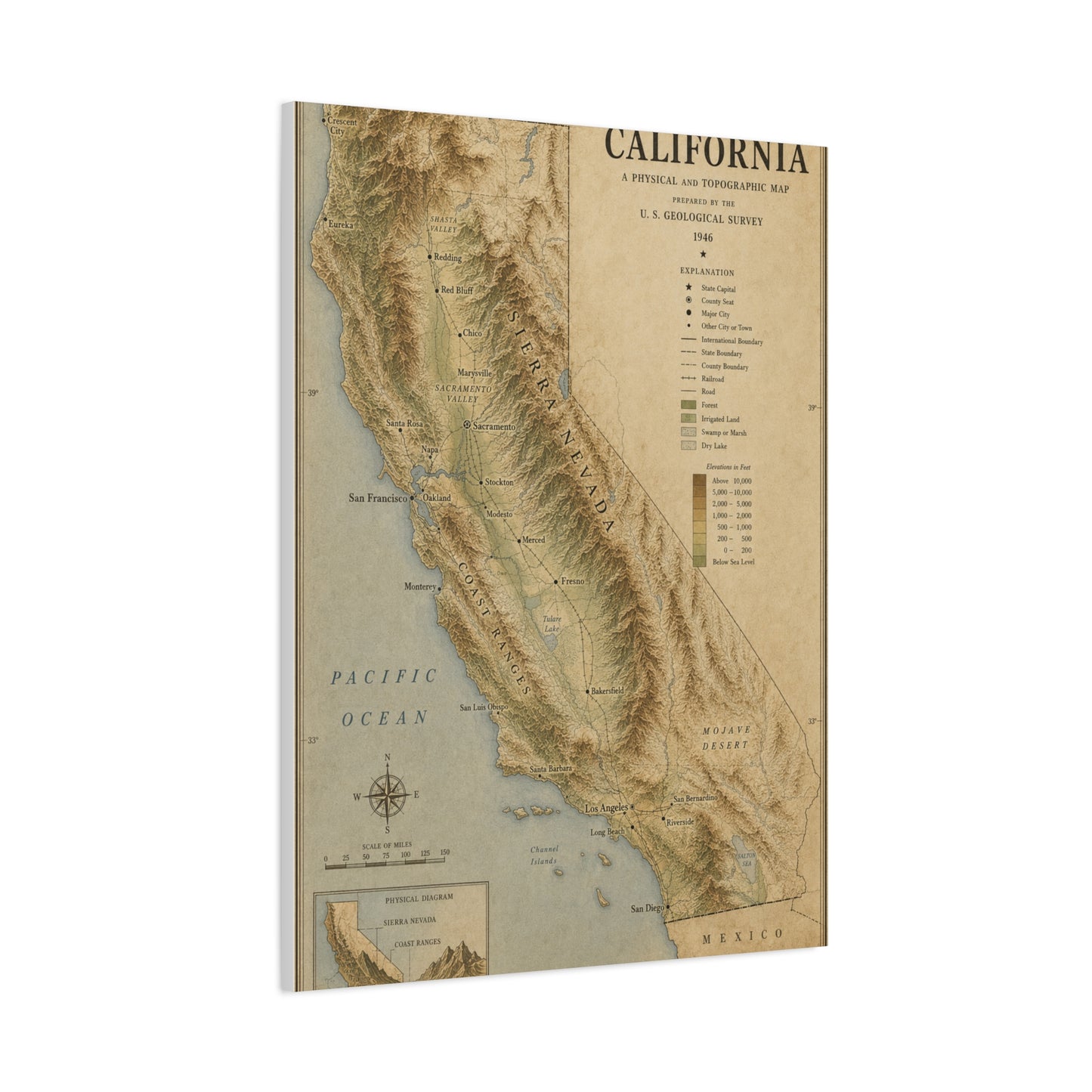 Vintage California Topographic Map Wall Art & Canvas Print