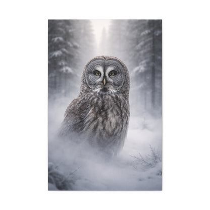 Great Grey Owl Winter Mist Portrait Wall Art & Canvas Print