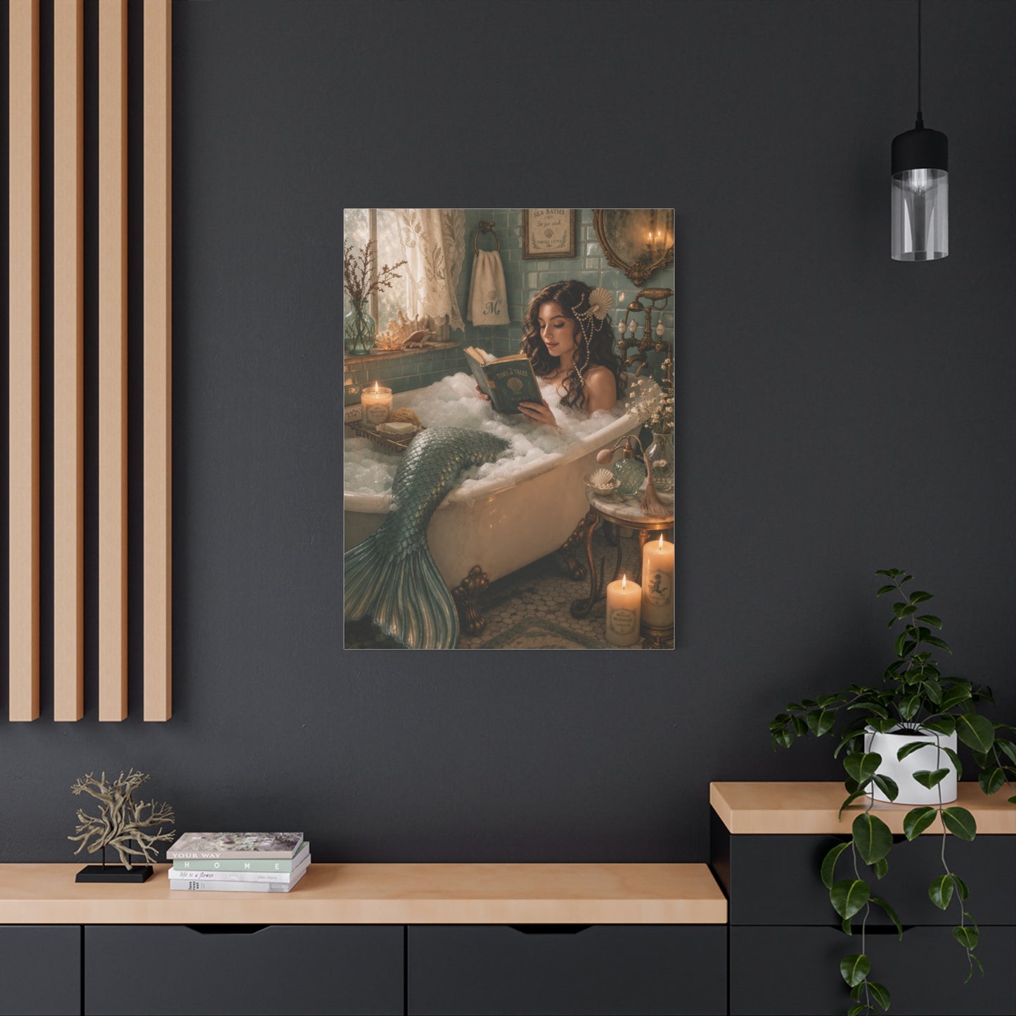 Vintage Bath Mermaid Reading Wall Art & Canvas Print