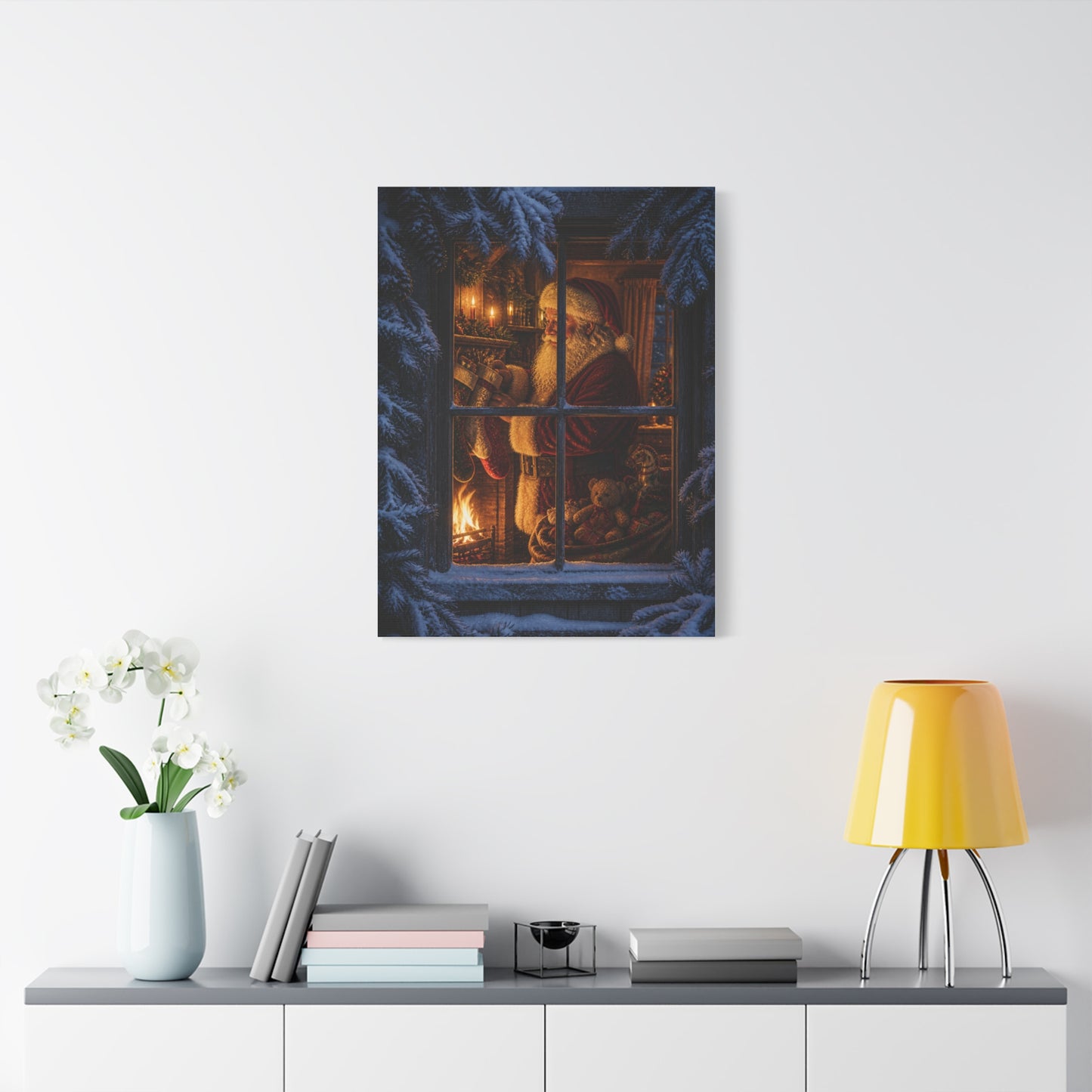 Snowy Cottage Window Santa Scene Wall Art & Canvas Print