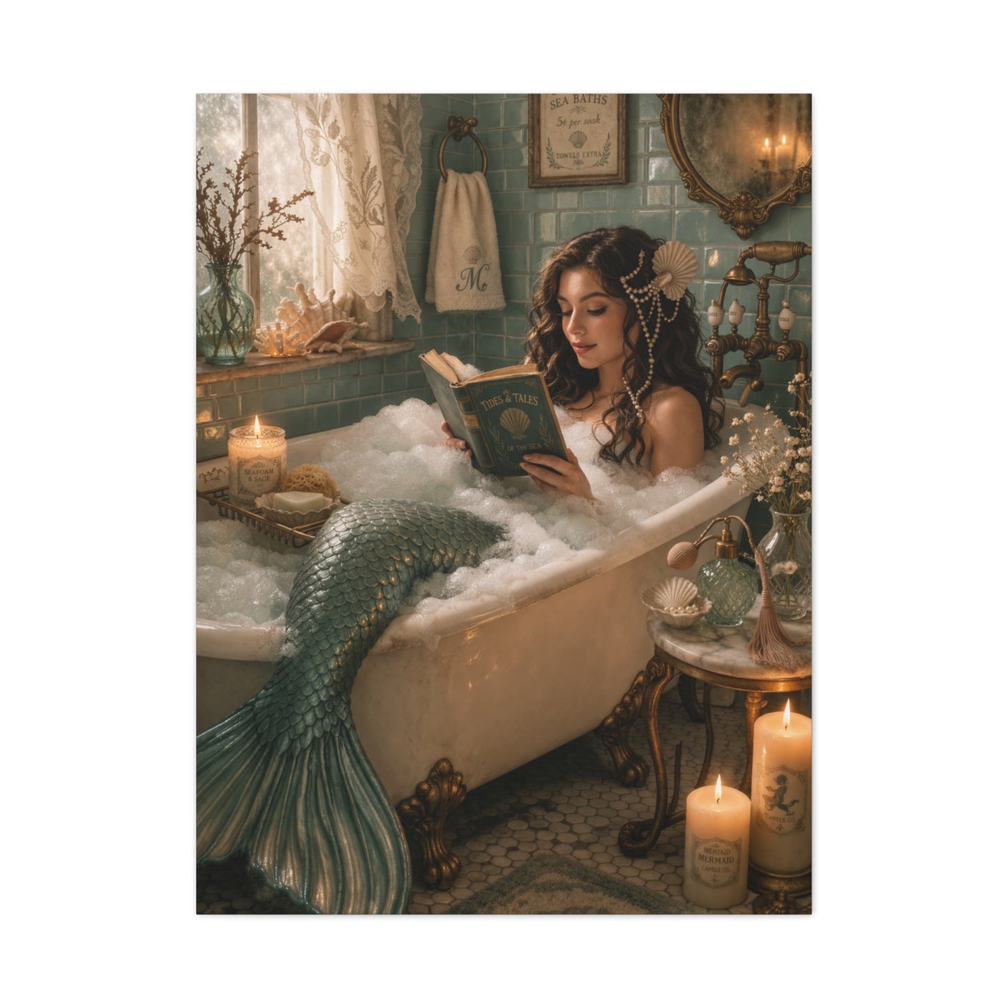 Vintage Bath Mermaid Reading Wall Art & Canvas Print