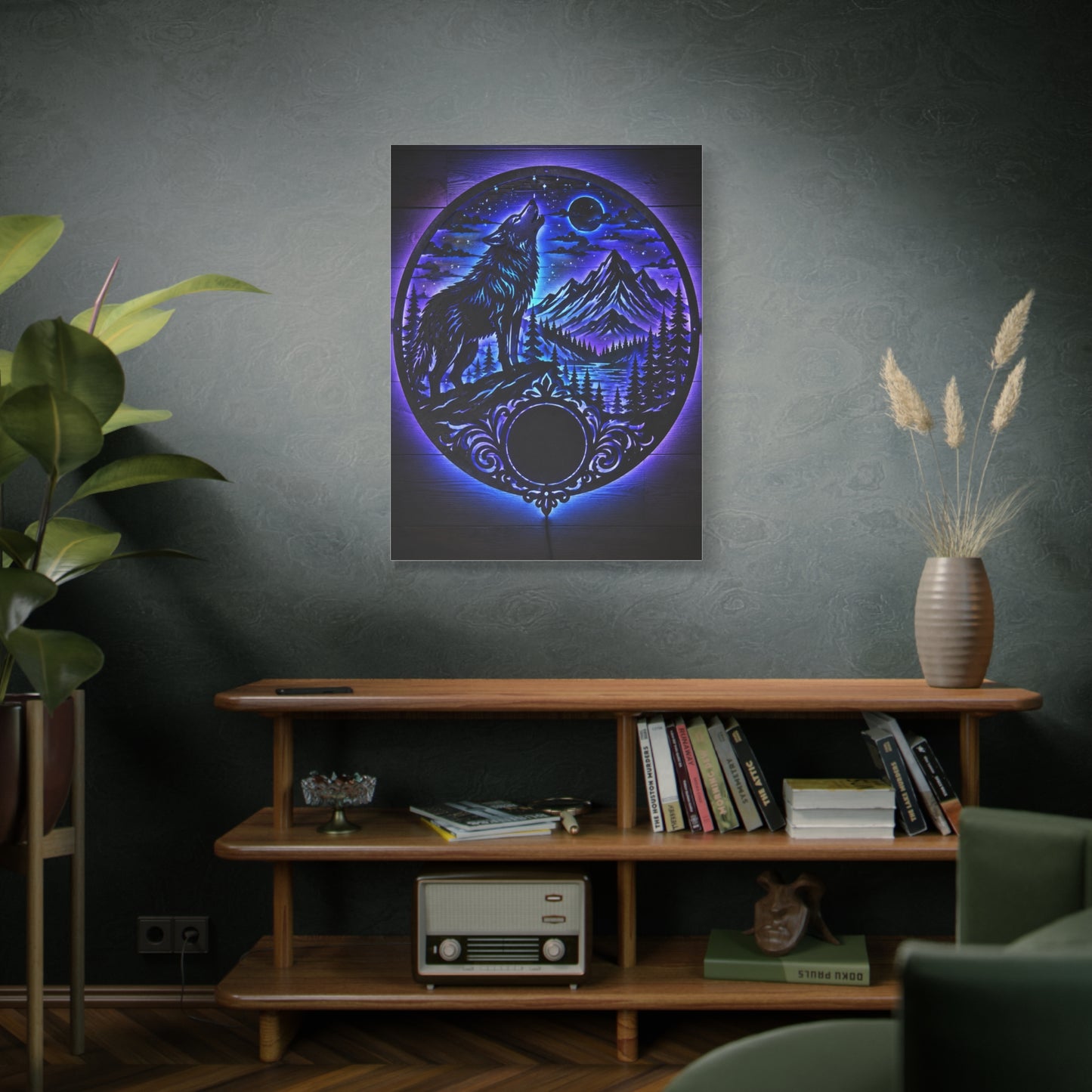 LED Mountain Wolf Night Circle Scene Wall Art & Canvas Print