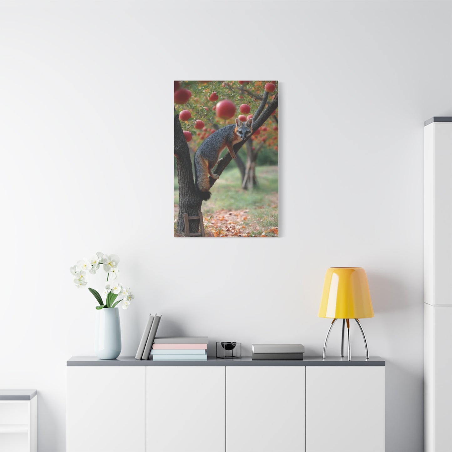 Orchard Gray Fox Climbing Apple Tree Wall Art & Canvas Print