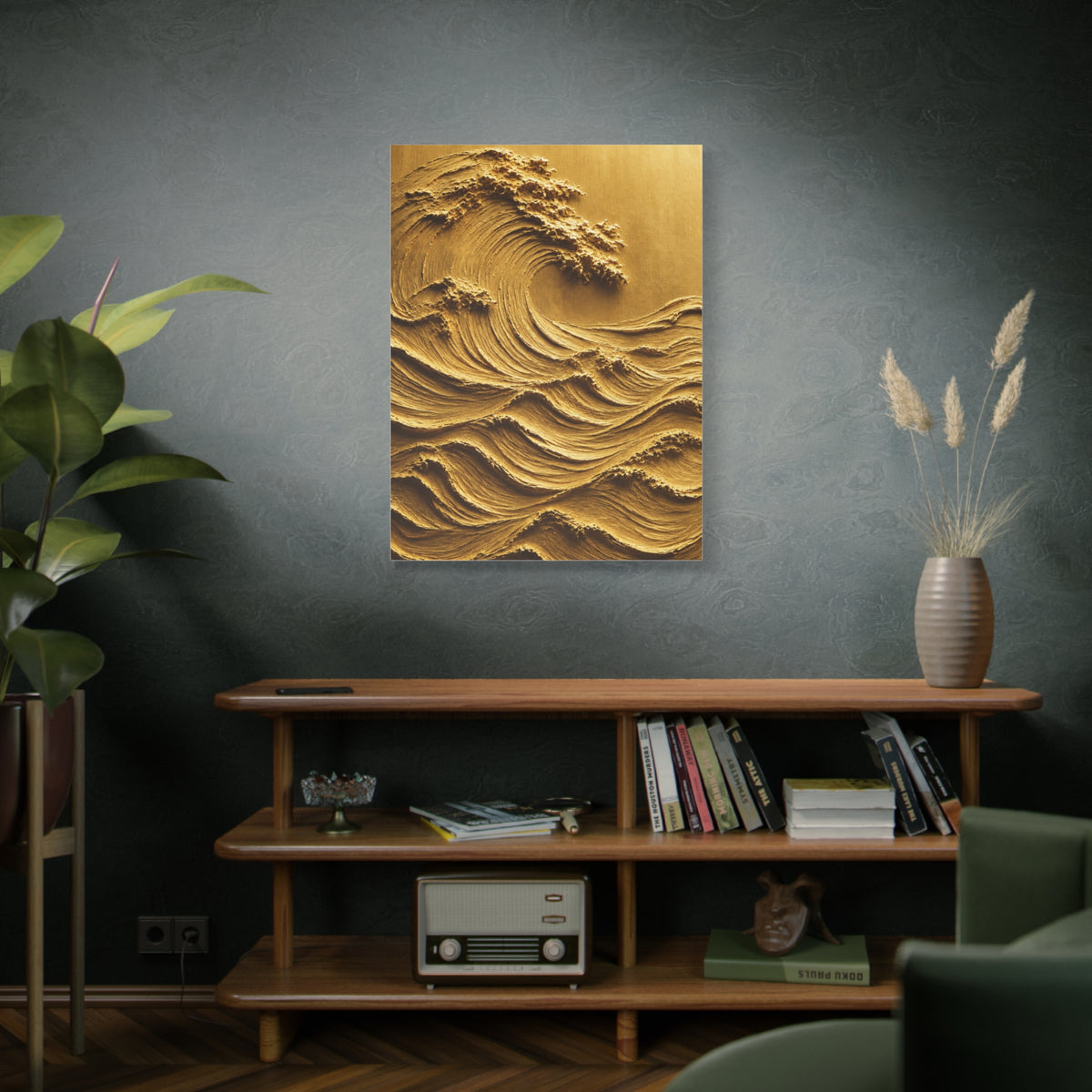 Golden Sculptural Wave Relief Wall Art & Canvas Print