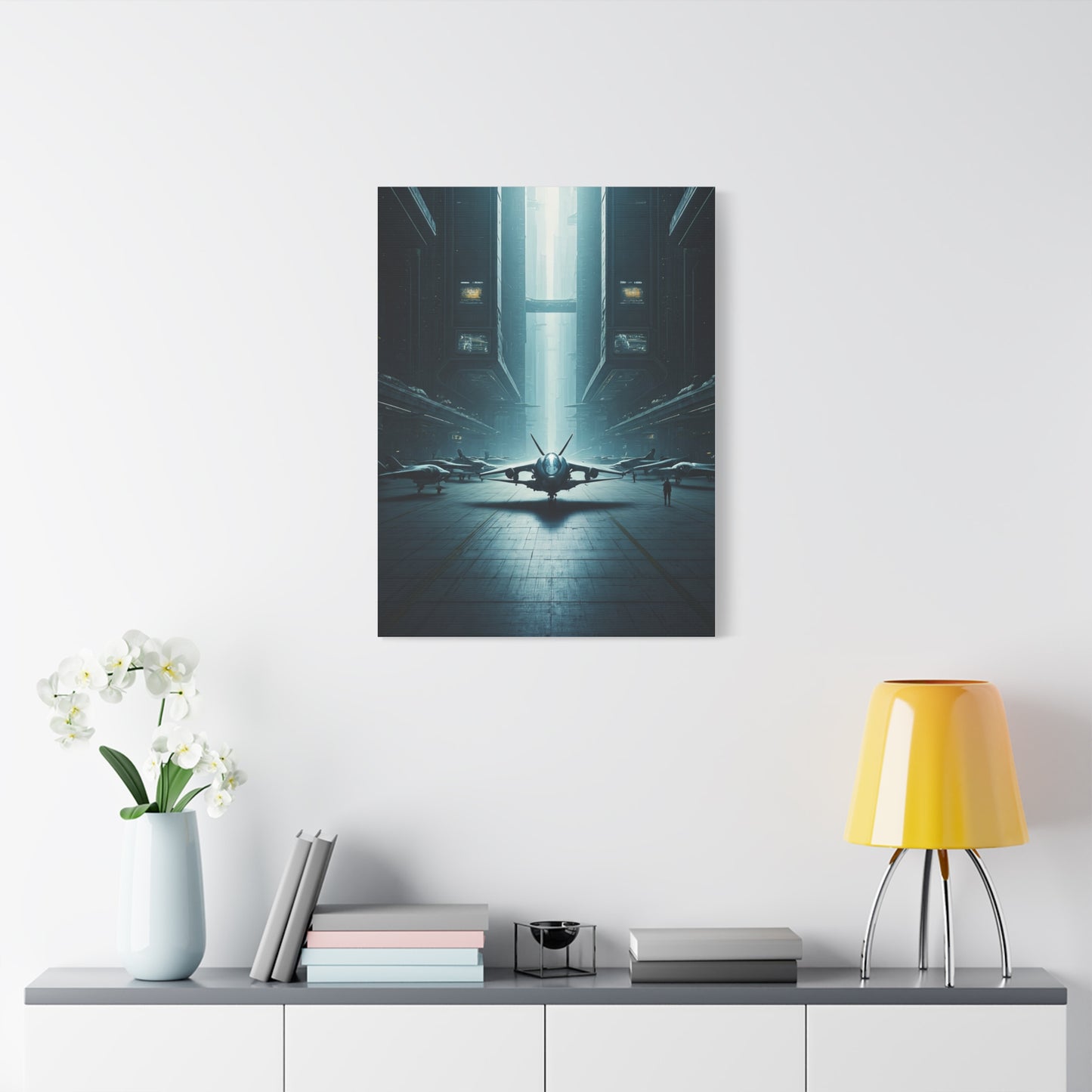 Futuristic Aircraft Hangar Scene Wall Art & Canvas Prints