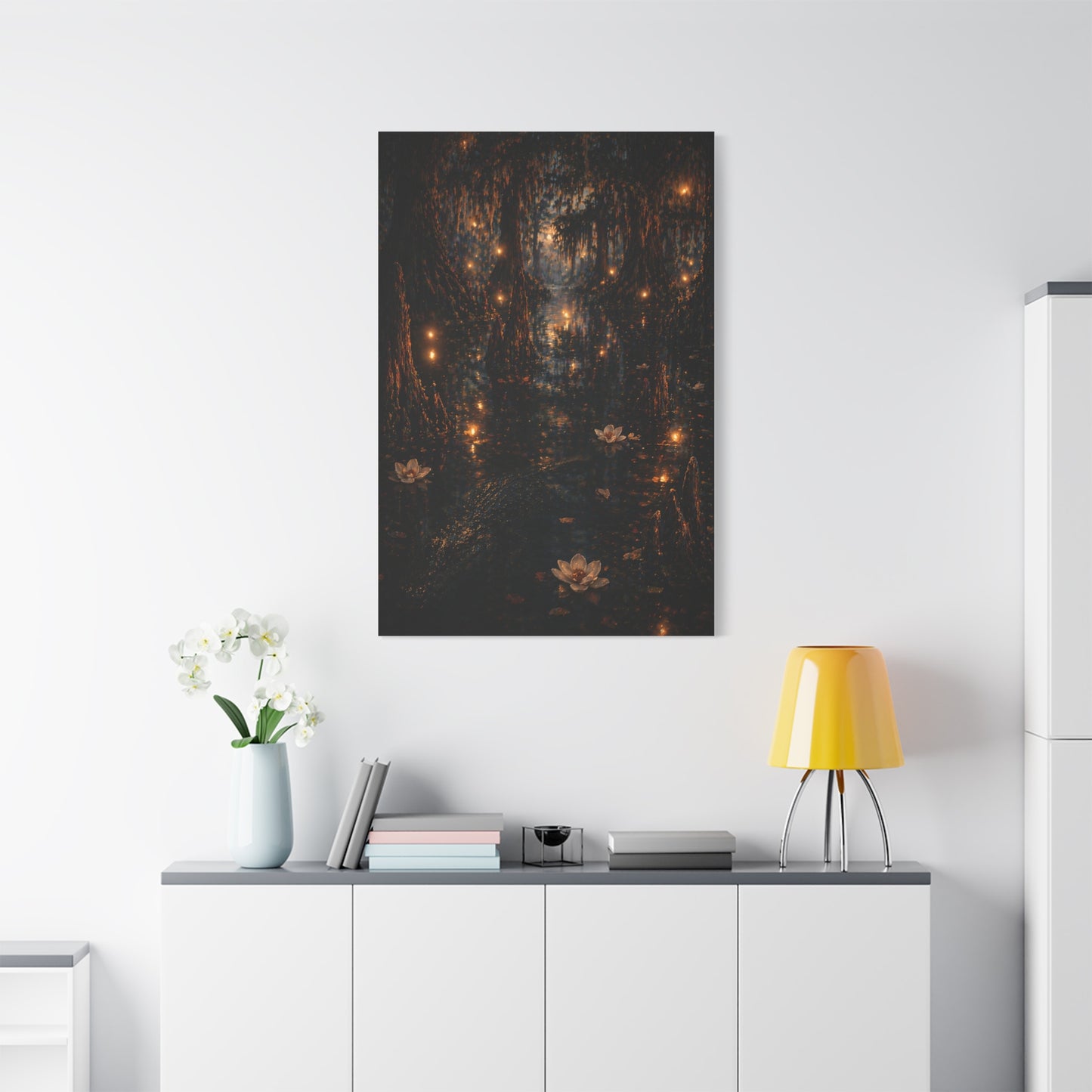 Moonlit Bayou Firefly Scene Wall Art & Canvas Print