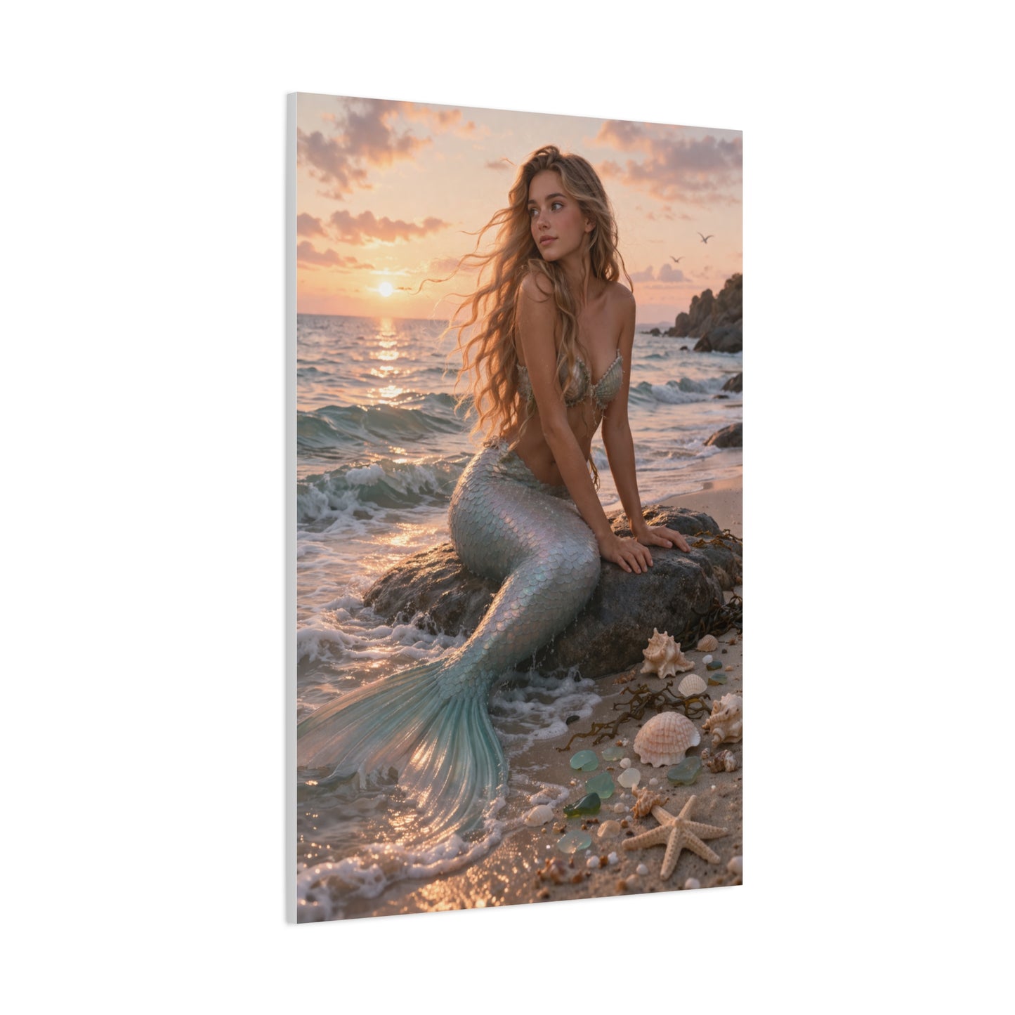 Golden Sunset Shore Mermaid Wall Art & Canvas Print