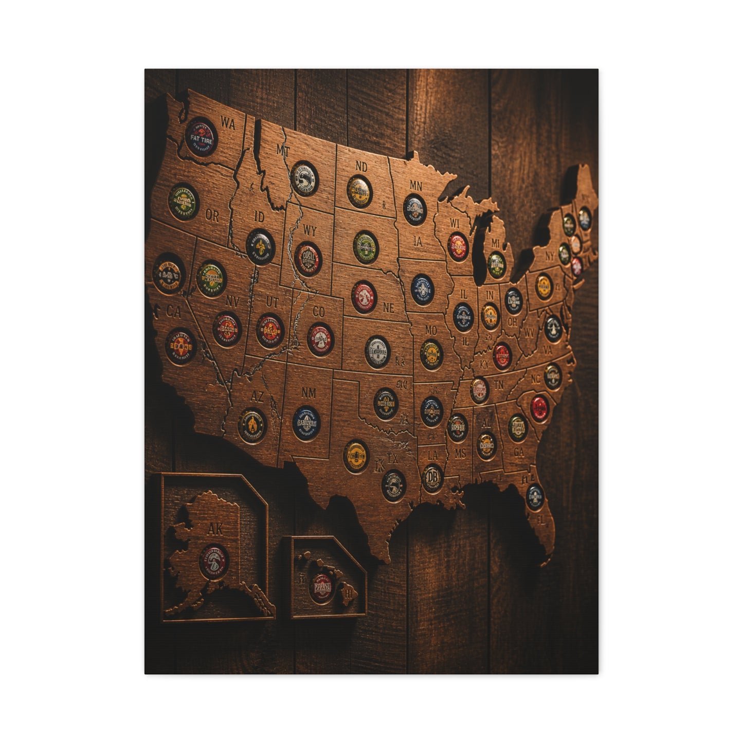 Wooden Beer Cap USA Map Wall Art & Canvas Print