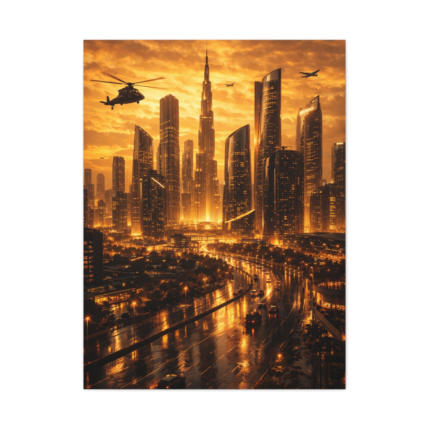 Golden Futuristic Cityscape Wall Art & Canvas Print