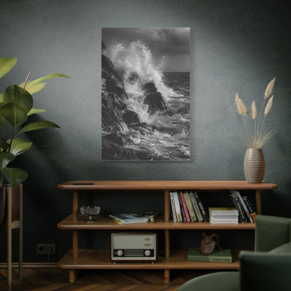 Monochrome Ocean Impact Rock Scene Wall Art & Canvas Print