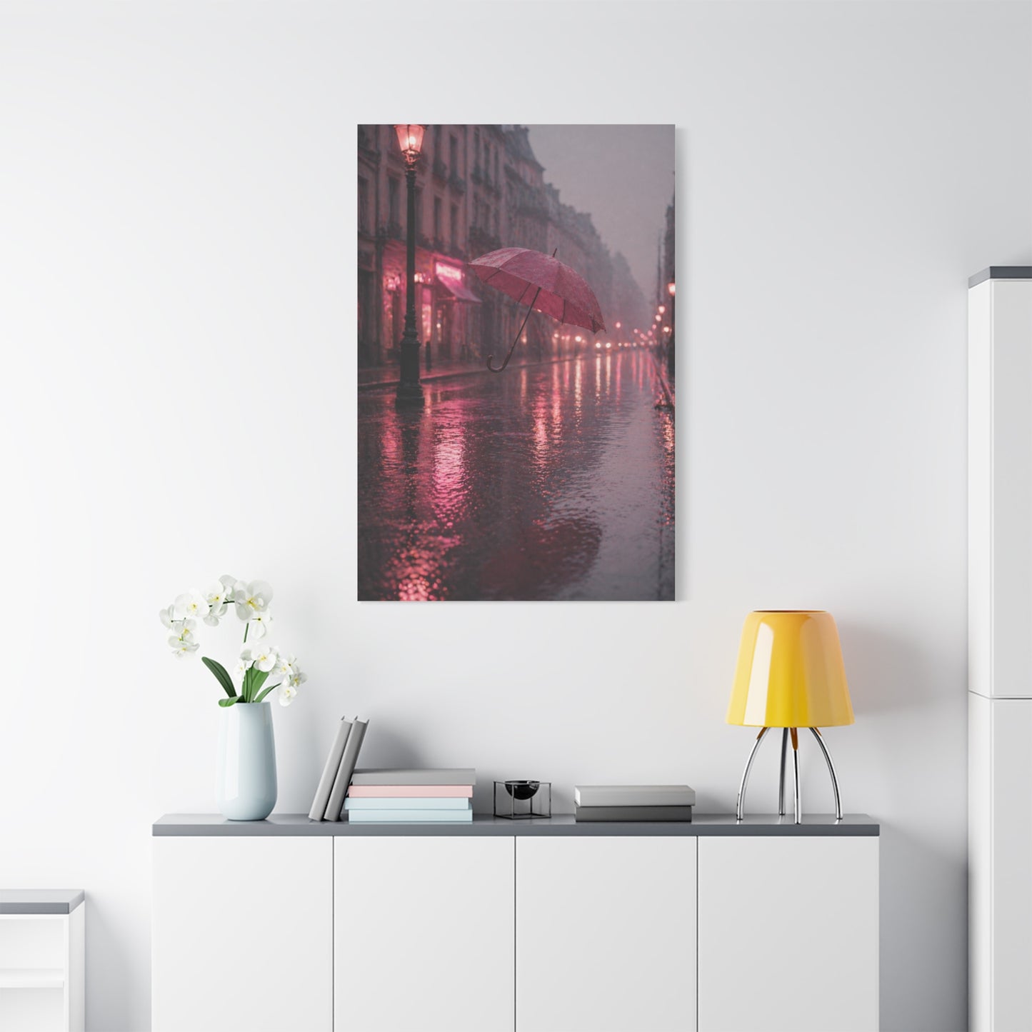 Dreamy Pink Umbrella Rain Scene Wall Art & Canvas Print