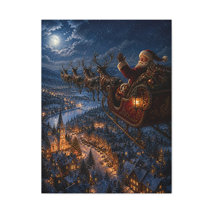 Santa Sleigh Flight Over Snowy Village Wall Art & Canvas Print