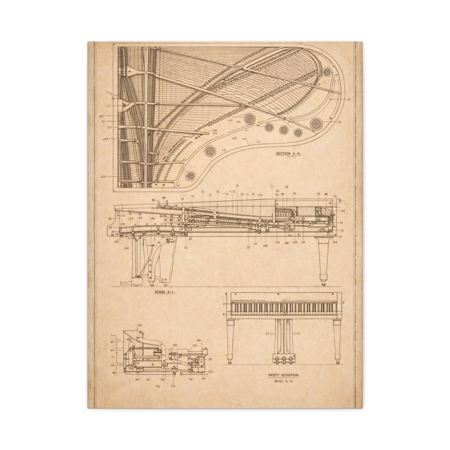Grand Piano Blueprint Study Wall Art & Canvas Print