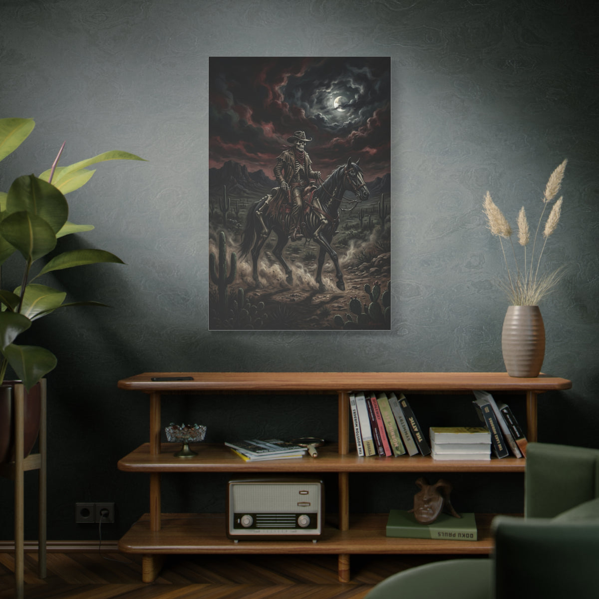 Moonlit Skeleton Rider Desert Journey Wall Art & Canvas Print