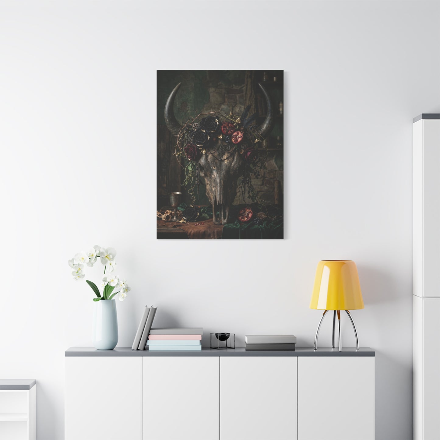 Western Gothic Bull Skull Floral Still Life Wall Art & Canvas Print