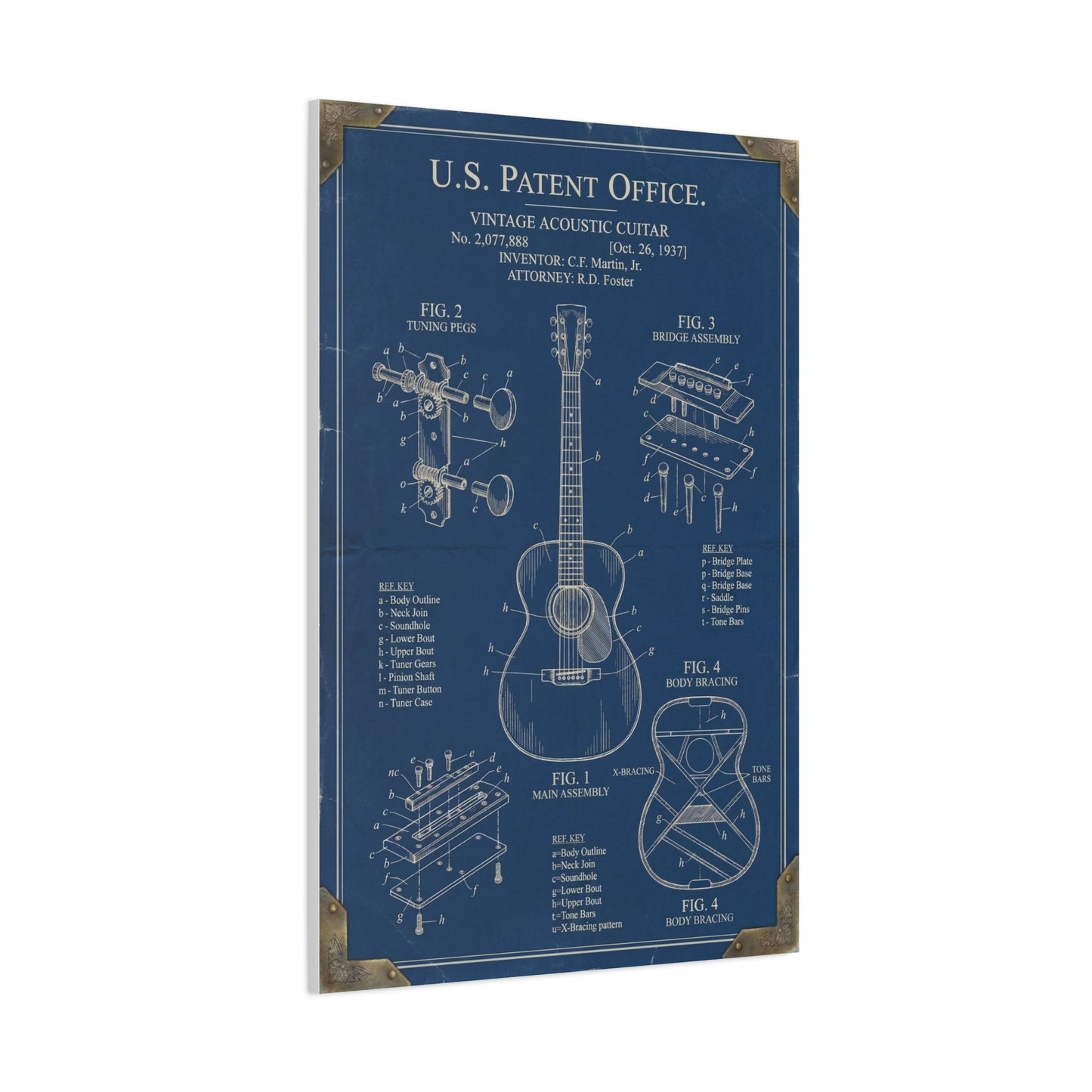 Vintage Acoustic Guitar Patent Blueprint Wall Art & Canvas Print